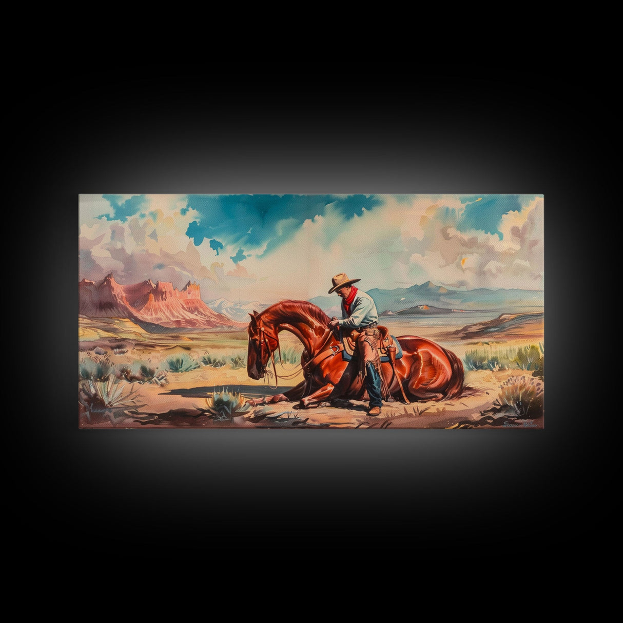 Cowboy Comforting Horse in Open Plains, Farmhouse Western Decor, Framed Canvas Print, Country Living Art, Rustic Wall Art for Home