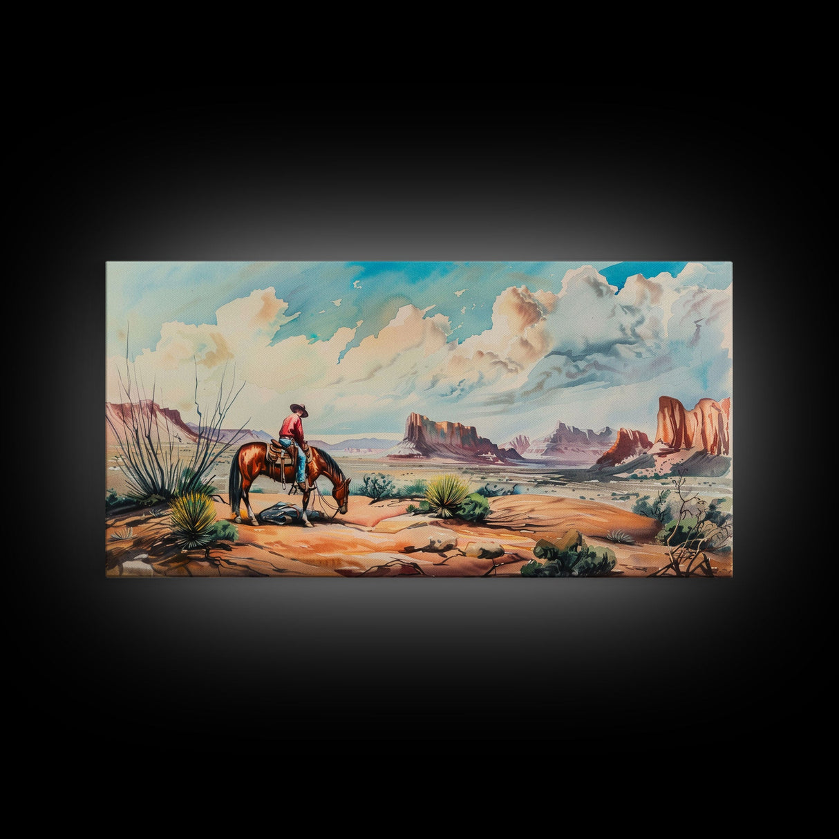 Cowboy Gazing Over Expansive Desert, Boho Western Landscape Art, Framed Canvas Print, Living Room Wall Decor, Rustic Country Style