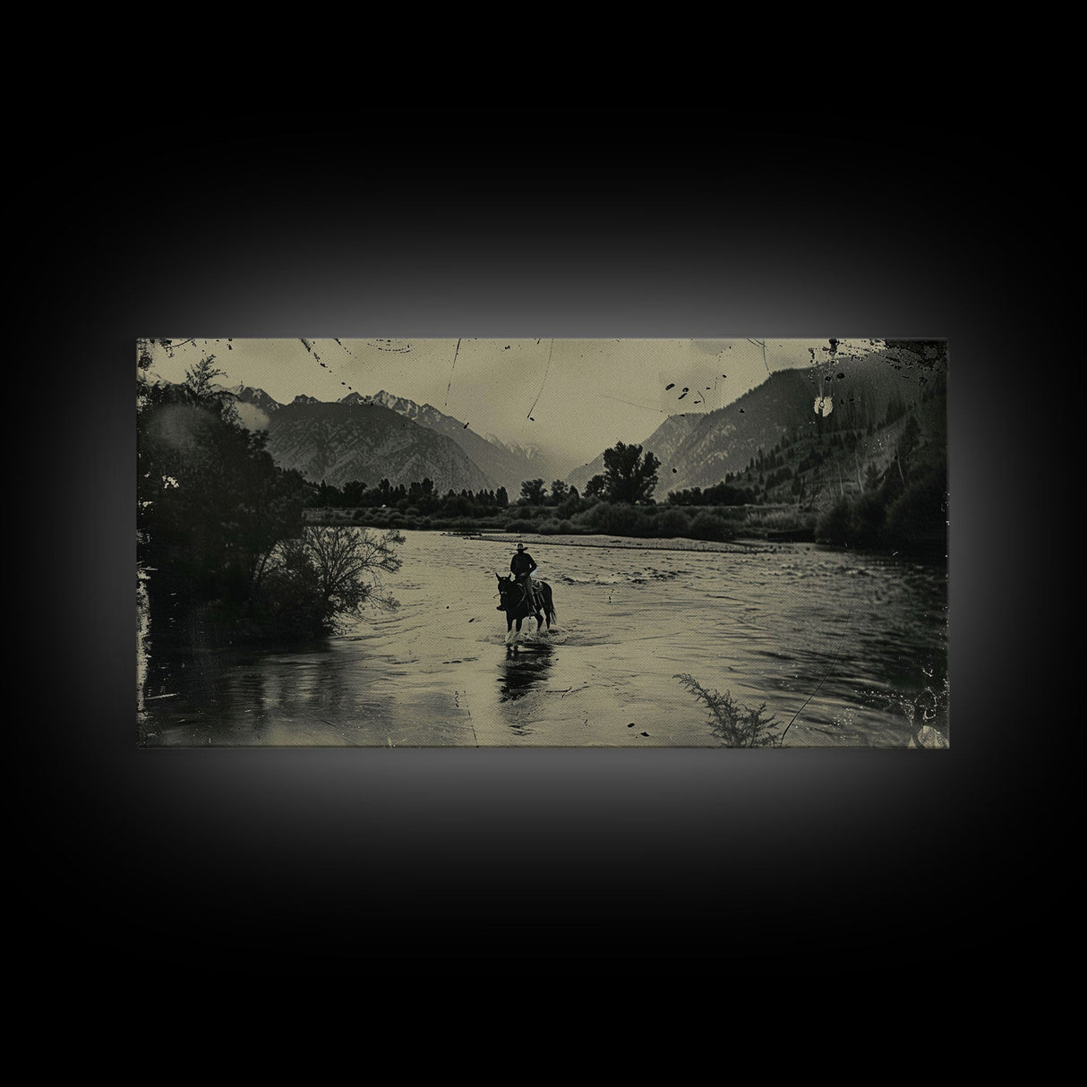 Cowboy Crossing River with Mountains, Framed Canvas Print for Western Living Room Decor, Ideal Bedroom Wall Art, Rustic Scene