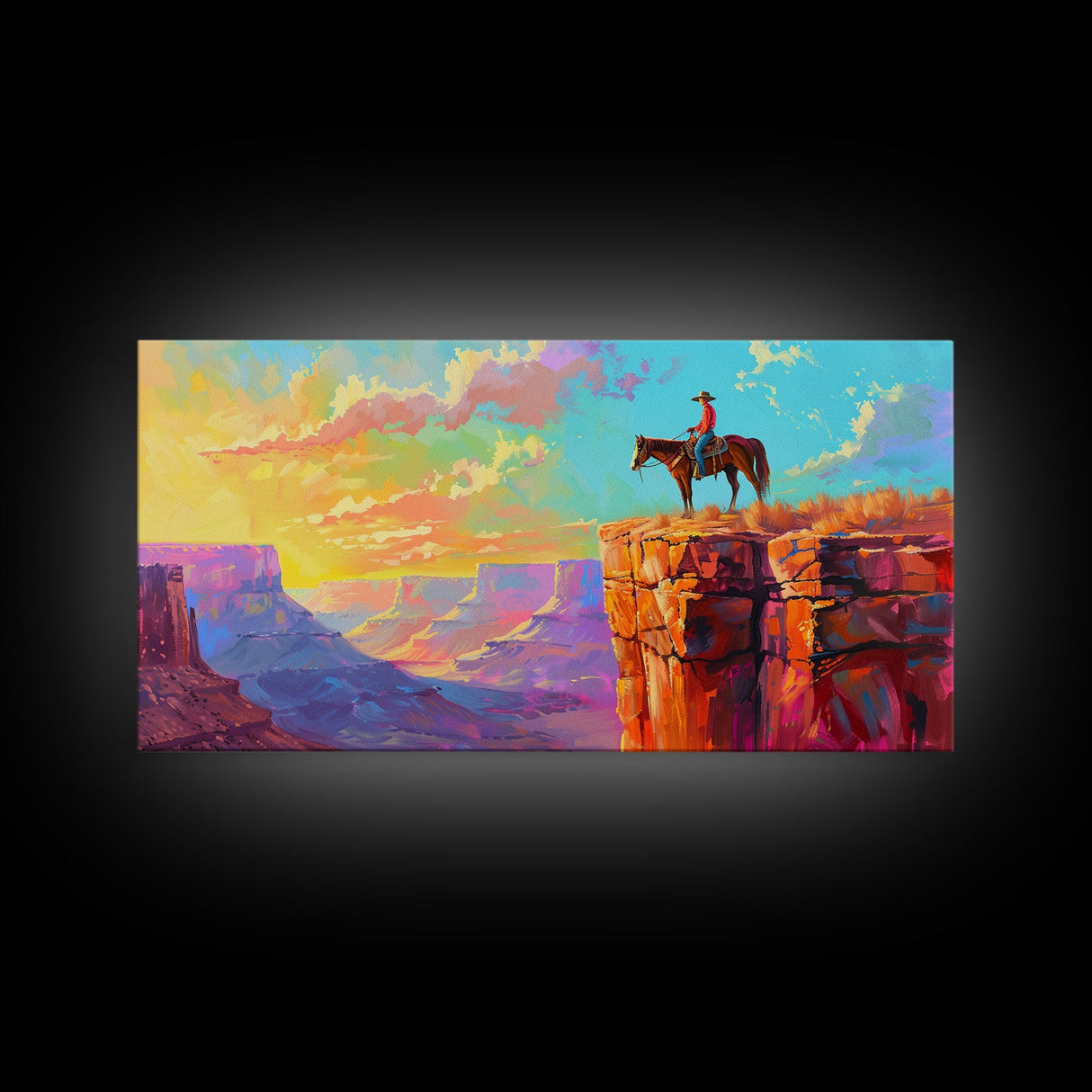 Cowboy on Horse Overlooking Canyon Sunset, Farmhouse Style Framed Canvas Print for Living Room Wall Art, Vibrant Home Decor, Western Scene