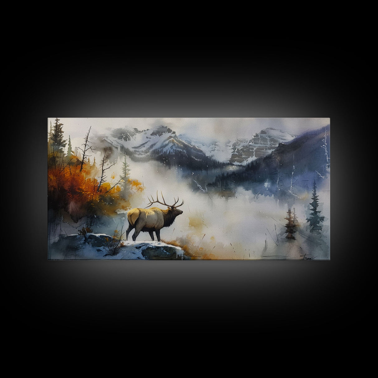 Majestic Elk in Misty Mountains, Framed Canvas Print, Perfect for Living Room Art, Rustic Bedroom Decor, Nature Wall Art, Wildlife Scene