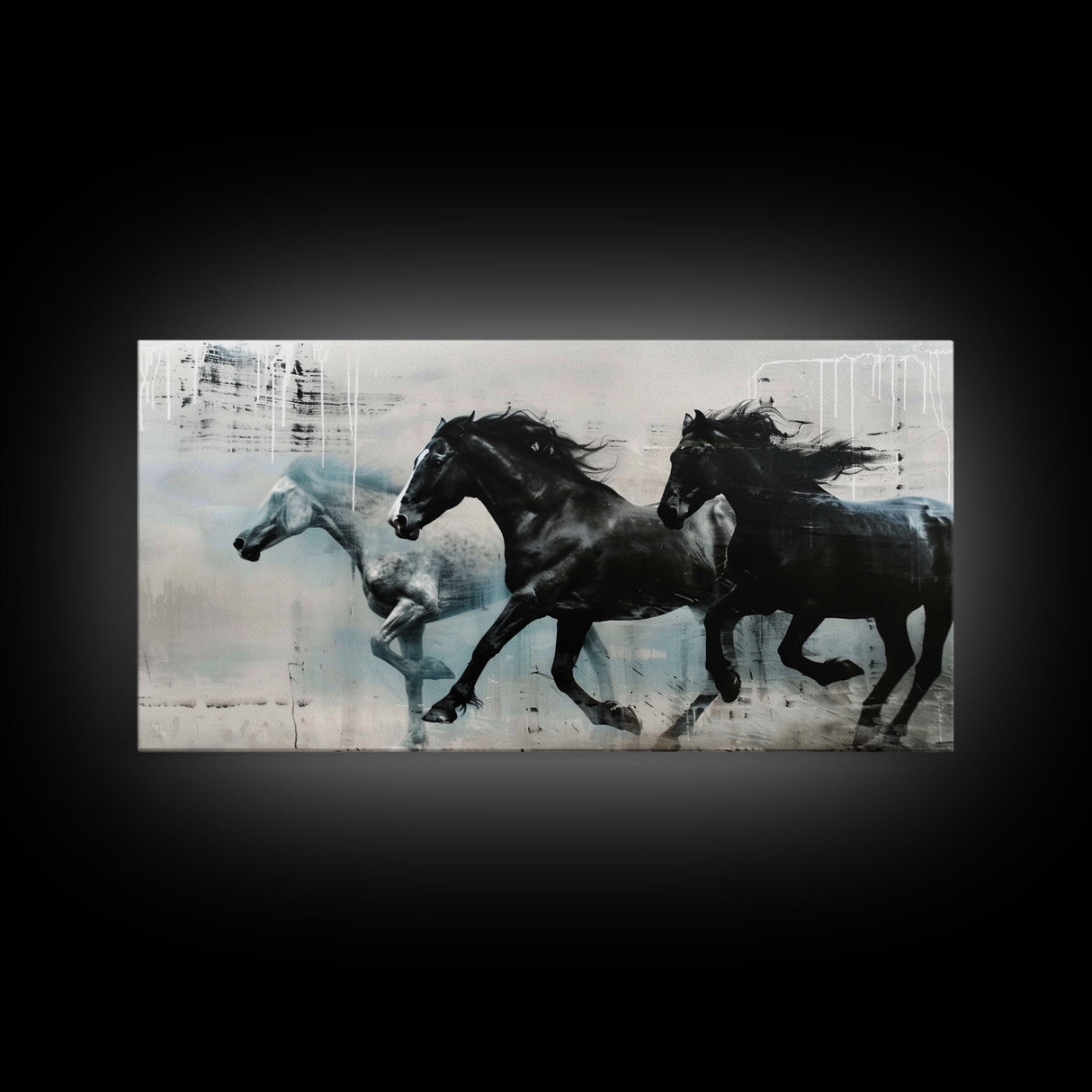 Galloping Horses in Monochrome Abstract Landscape, Perfect Wall Art, Framed Canvas Print for Living Room or Bedroom Decor, Equestrian Art
