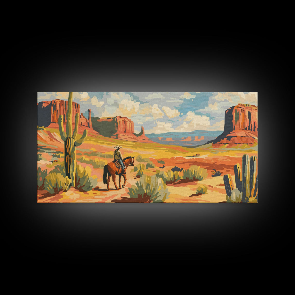 Cowboy in Desert Valley, Framed Canvas Print for Rustic Living Room Decor, Western Art for Home and Bedroom Decoration
