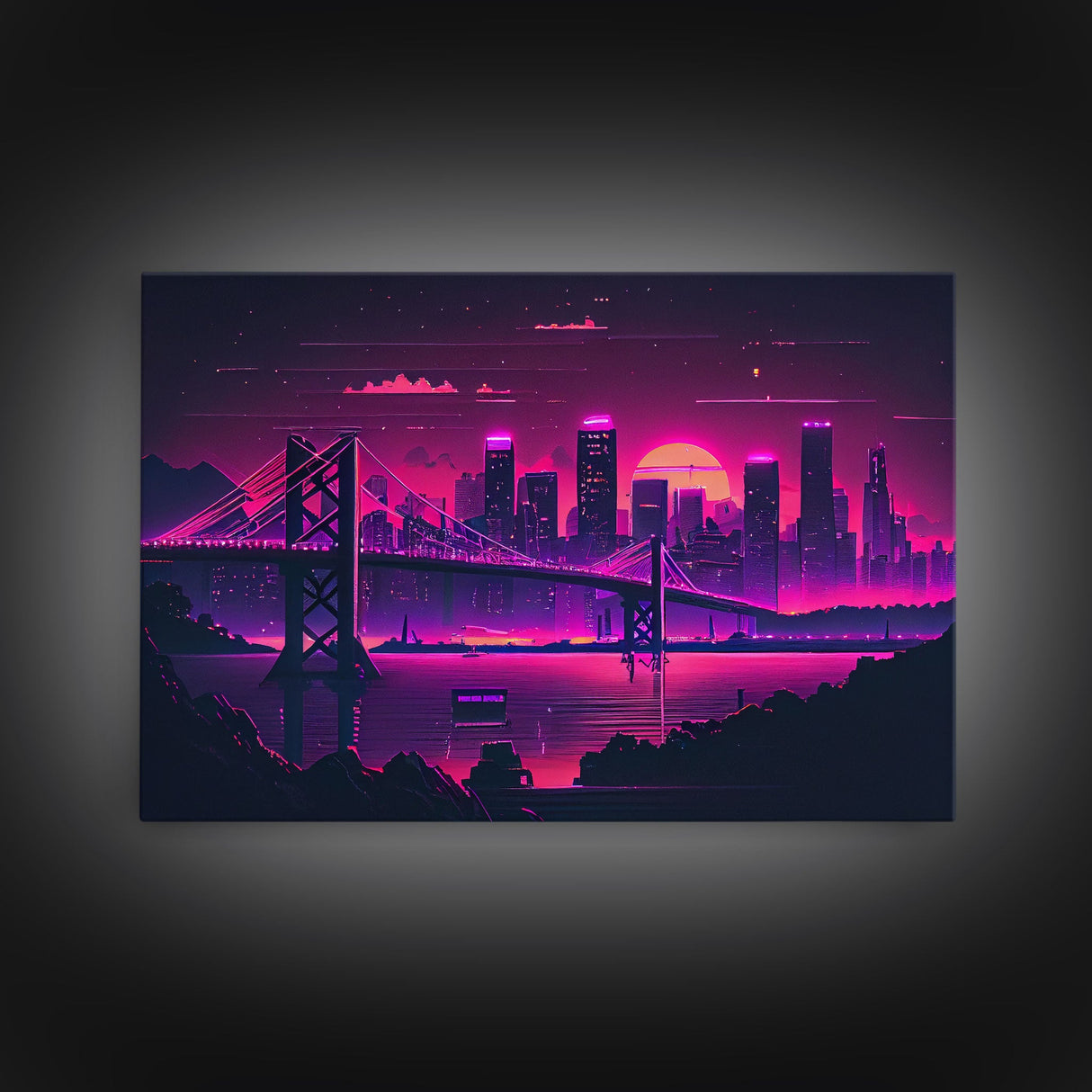 Cyberpunk San Francisco, Futuristic city skyline art, framed canvas print, Synthwave / vaporwave cityscape decor