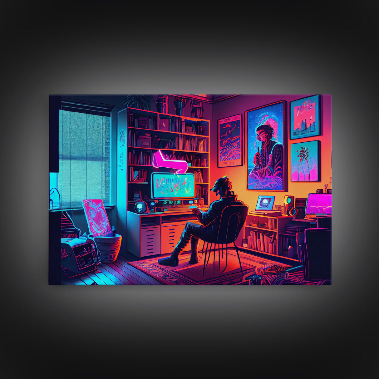 Jacked In - VR headset art, synthwave framed canvas print, cool office art