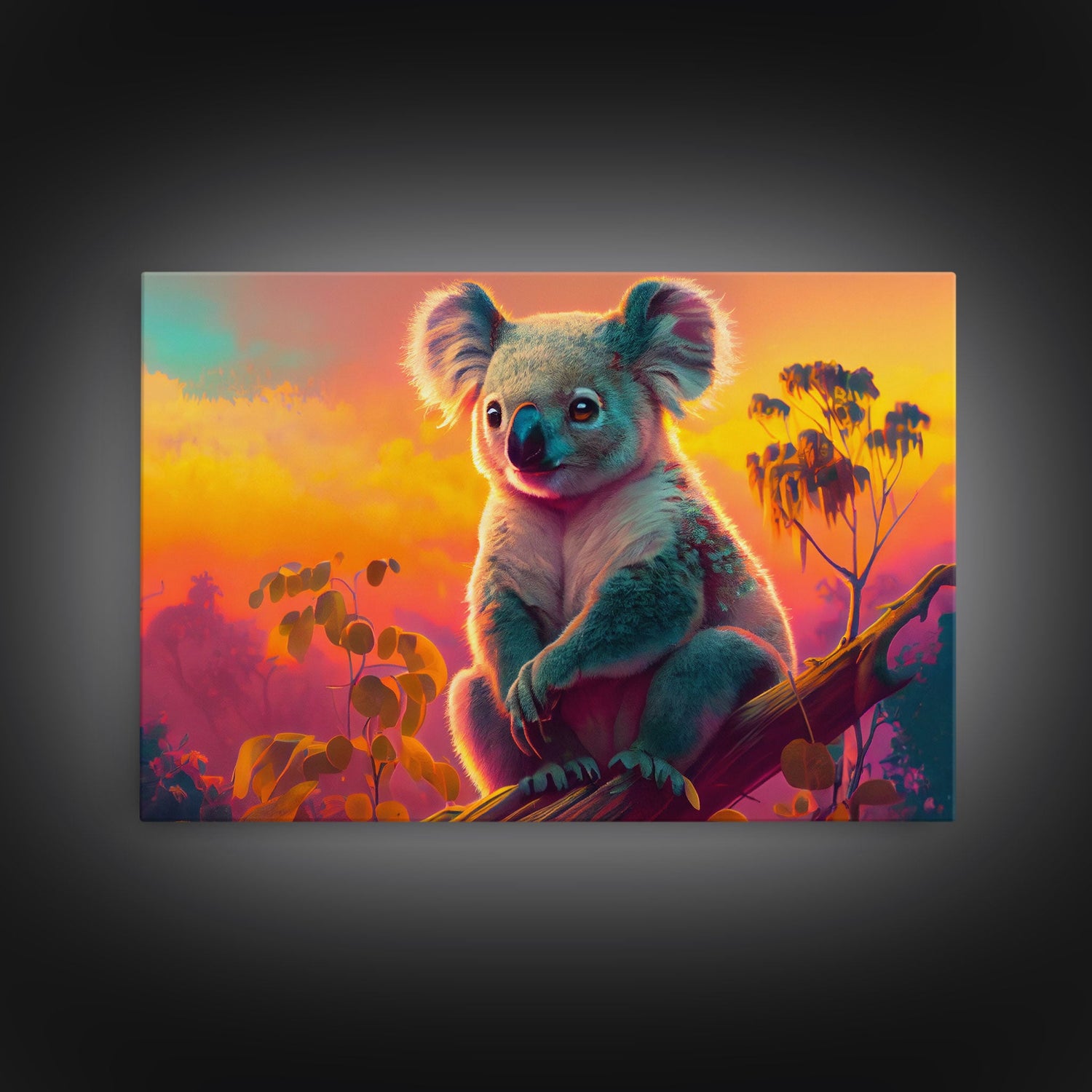 Cute Koala bear at sunset, vaporwave animal art, framed canvas print, framed wall art, ready to hang, synthwave art
