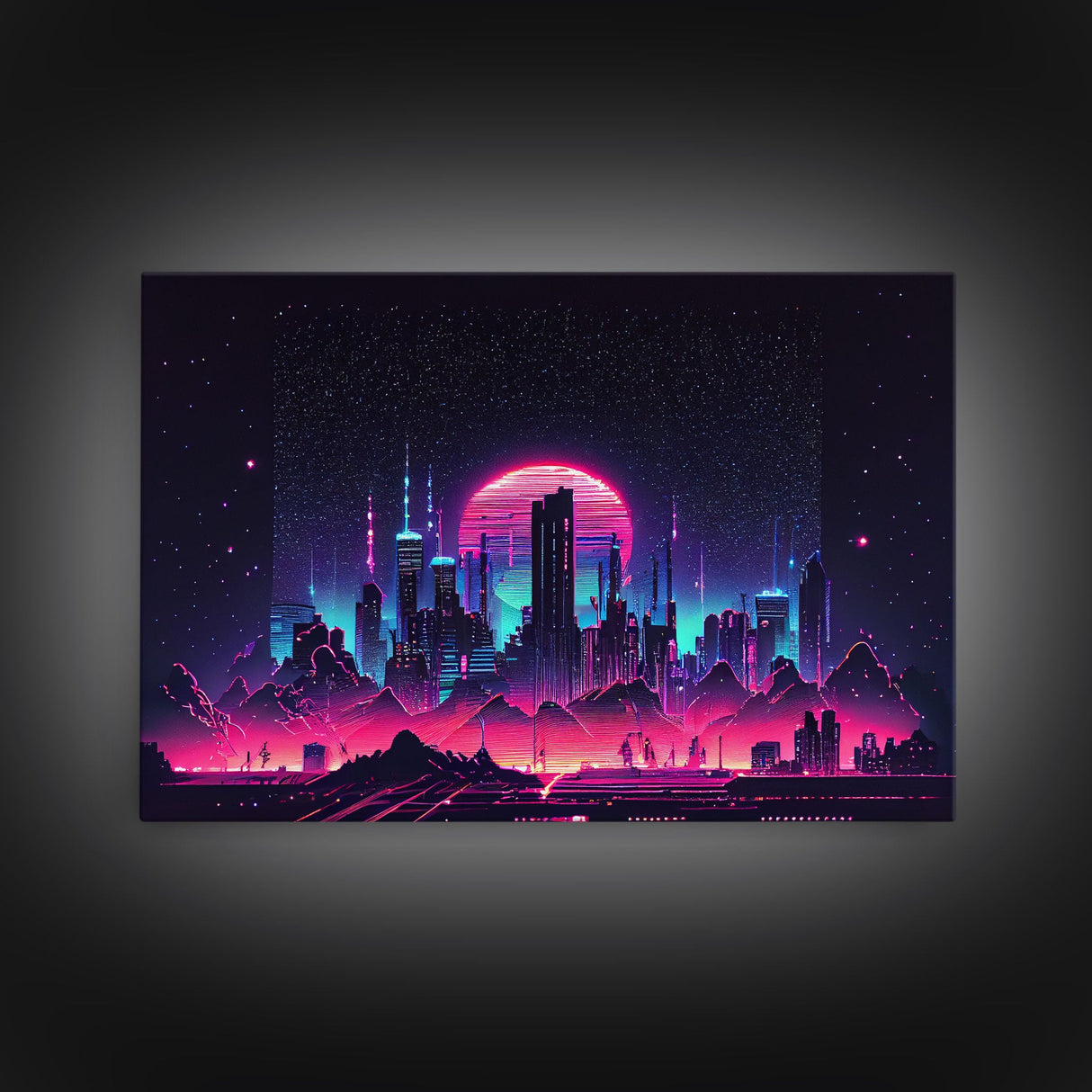 Cyberpunk city skyline superimposed over a sunset, synthwave style dystopian art, framed canvas print