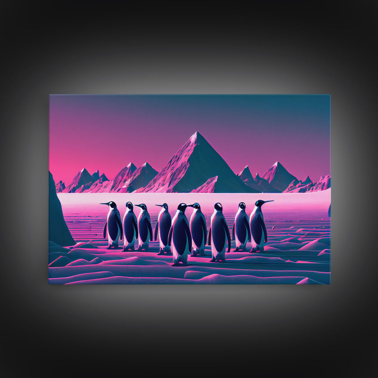 Penguins on the nice, cute animal prints, framed canvas print, synthwave / vaporwave art