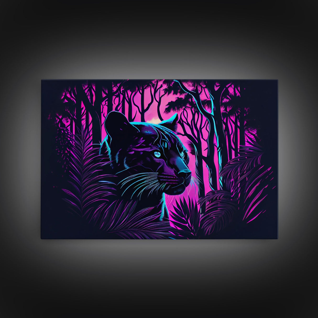 Vaporwave art, framed canvas print, Jungle Panther synthwave portrait