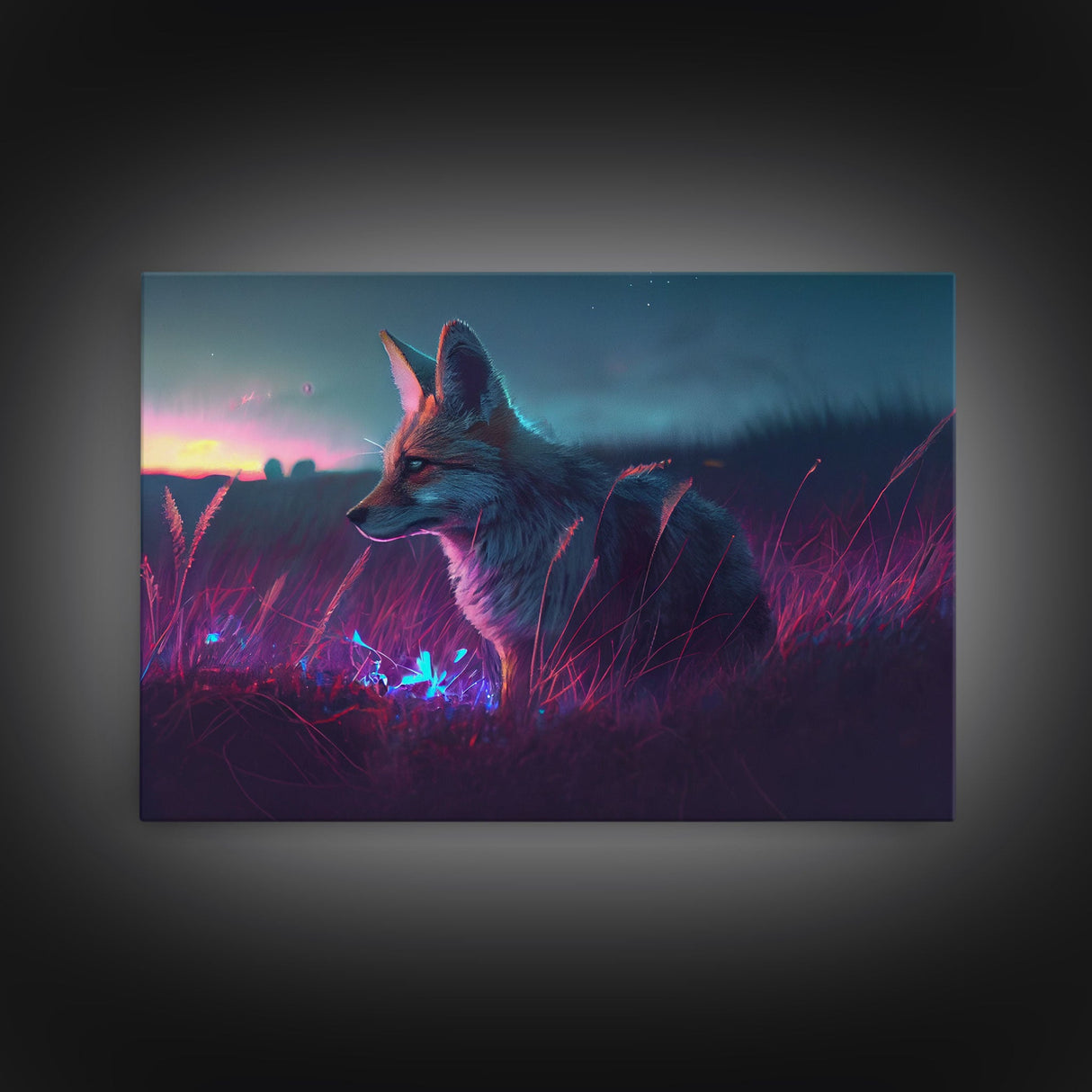 Cute animal prints, vaporwave fox hunting in the tall grass, framed canvas print