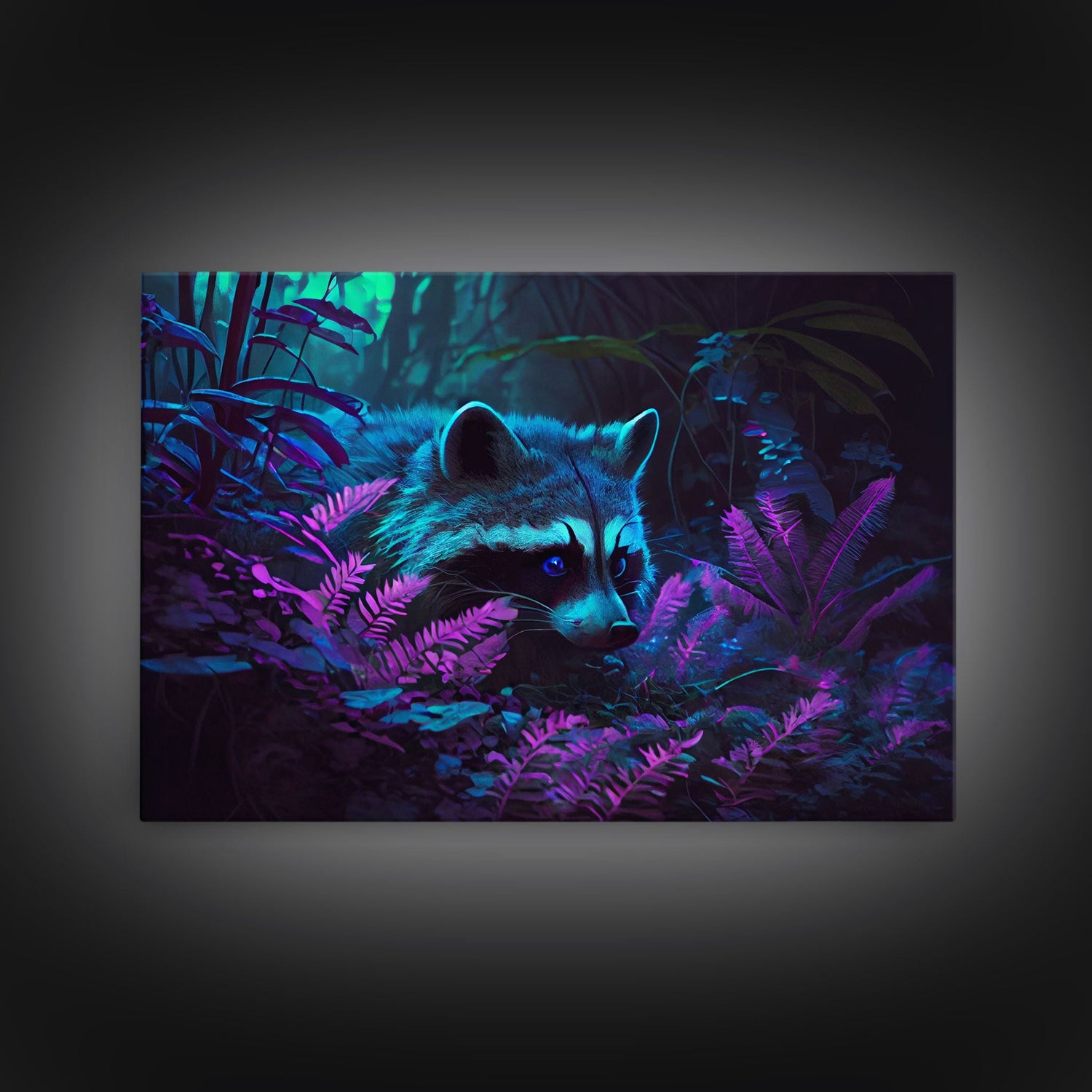 Trash panda art, Racoon in the jungle, vaporwave aesthetic animal art, framed canvas print