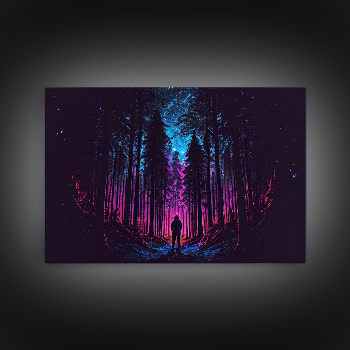 Contemplating the stars, vaporwave aesthetic, forest art, starry night, framed canvas print, outrun art