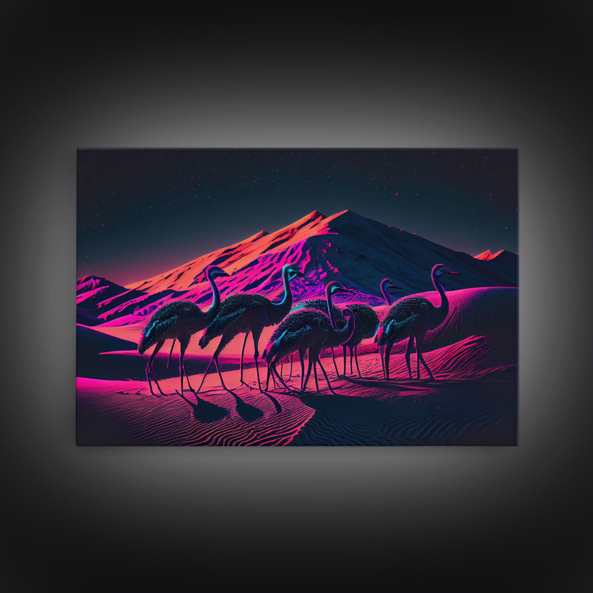 Emus in the desert, animal prints, animal art, framed canvas print, vapor wave synthwave animal art