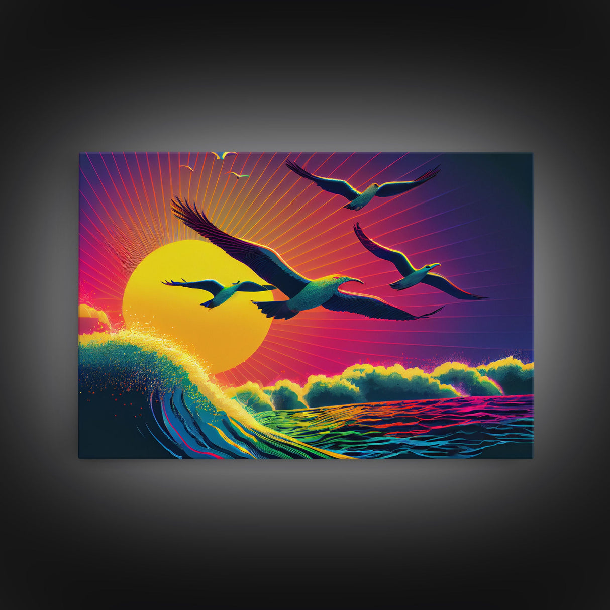 Flock of Seagulls, art deco style sun, framed canvas print, synthwave retrowave animal art