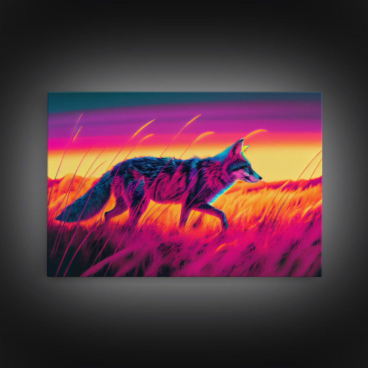 Cute fox in the tall grass, animal print, vaporwave framed canvas print, retrowave animal art