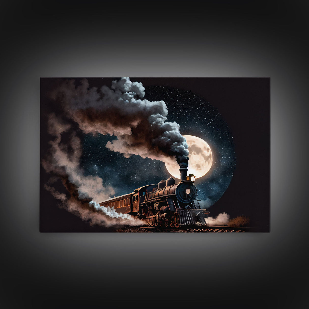 Steampunk Wild West Decor, Steam Train at Midnight, Framed Canvas Print