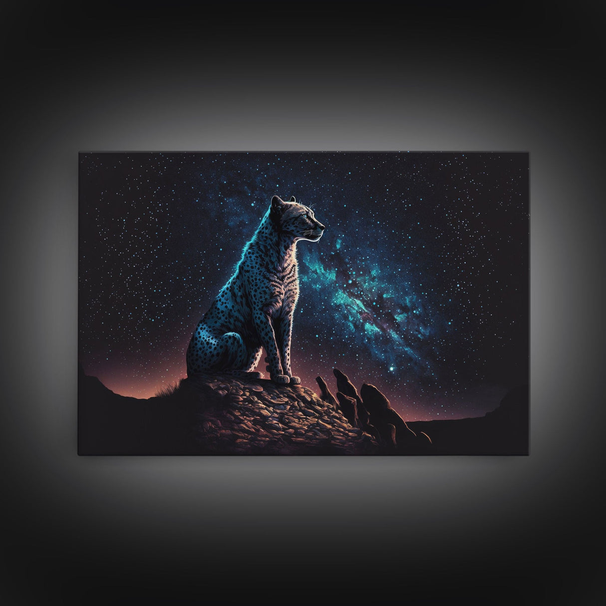 Cheetah Print, Synthwave Animal Prints, Cheetah and a starry night sky, framed canvas print, cute animal art