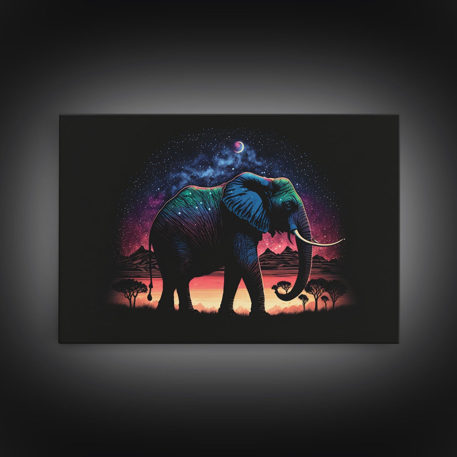 Elephant Art | Framed Canvas Print | Framed Wall Art | Animal Prints | Wildlife Art | Elephant Walks Under A Full Moon | Kid's Room Decor