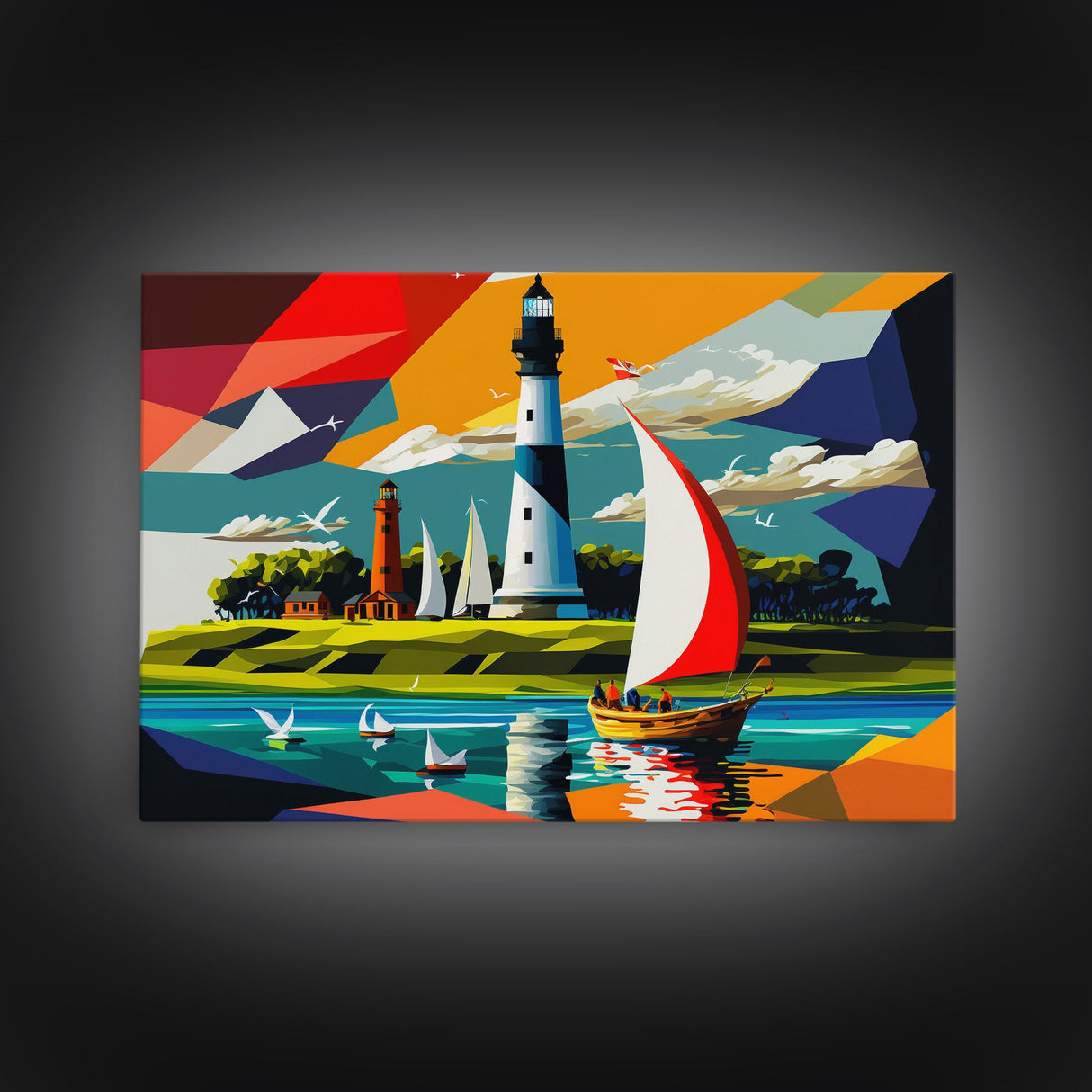 Sailboat and Lighthouse | Pop Art Style Painting Print | Framed Canvas Print | Colorful Minimalist Art | Nautical Art
