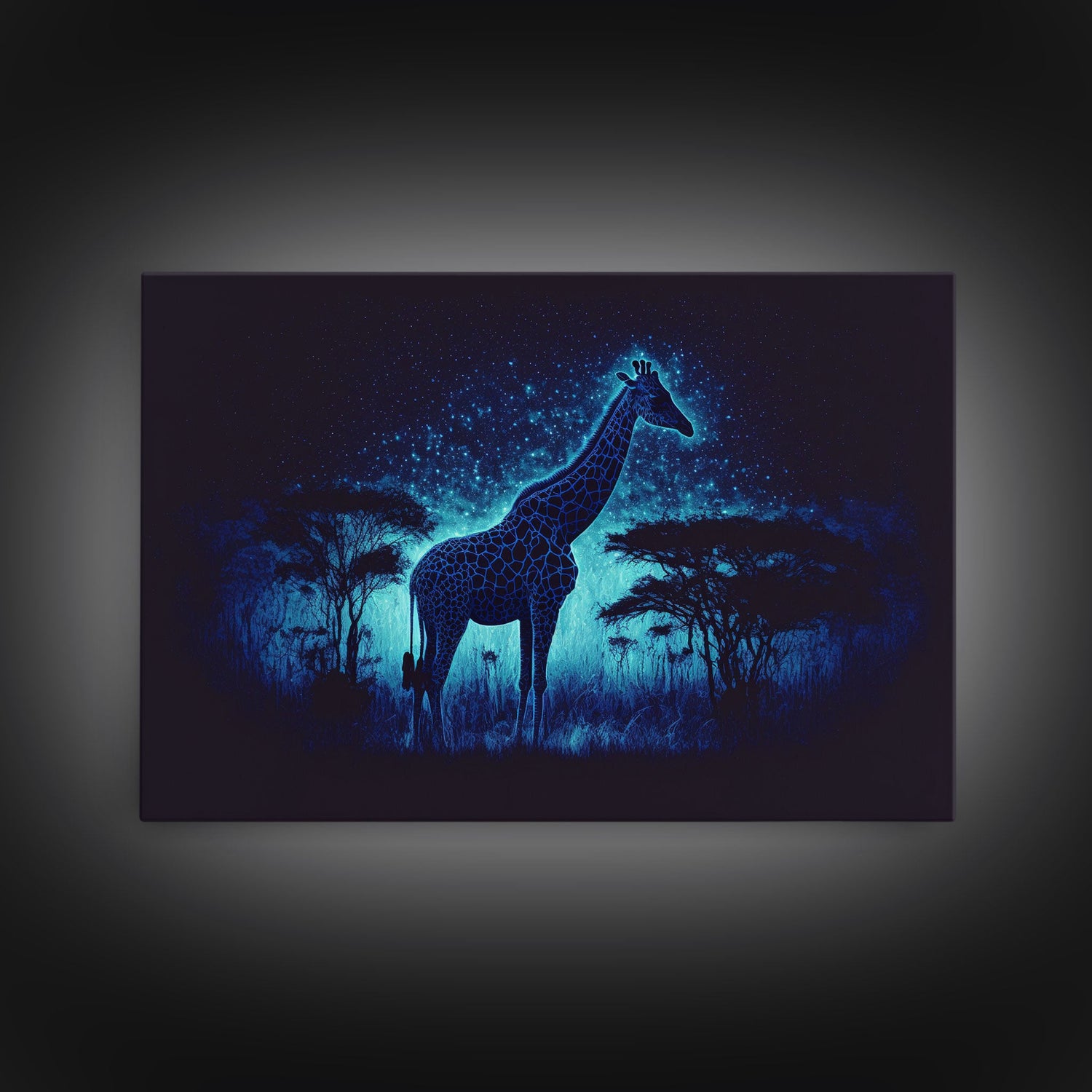 Surreal Giraffe Art, Wildlife Print, Animal Prints, framed canvas print, framed wall art, colorful turquoise night sky