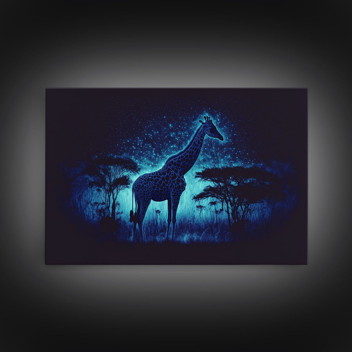 Surreal Giraffe Art, Wildlife Print, Animal Prints, framed canvas print, framed wall art, colorful turquoise night sky
