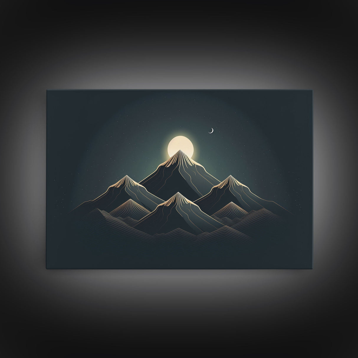 Black and Gold Art Deco Style Mountain landscape at Sunset, Framed Canvas Print, Large Format Wall Art, Huge Wall Decor