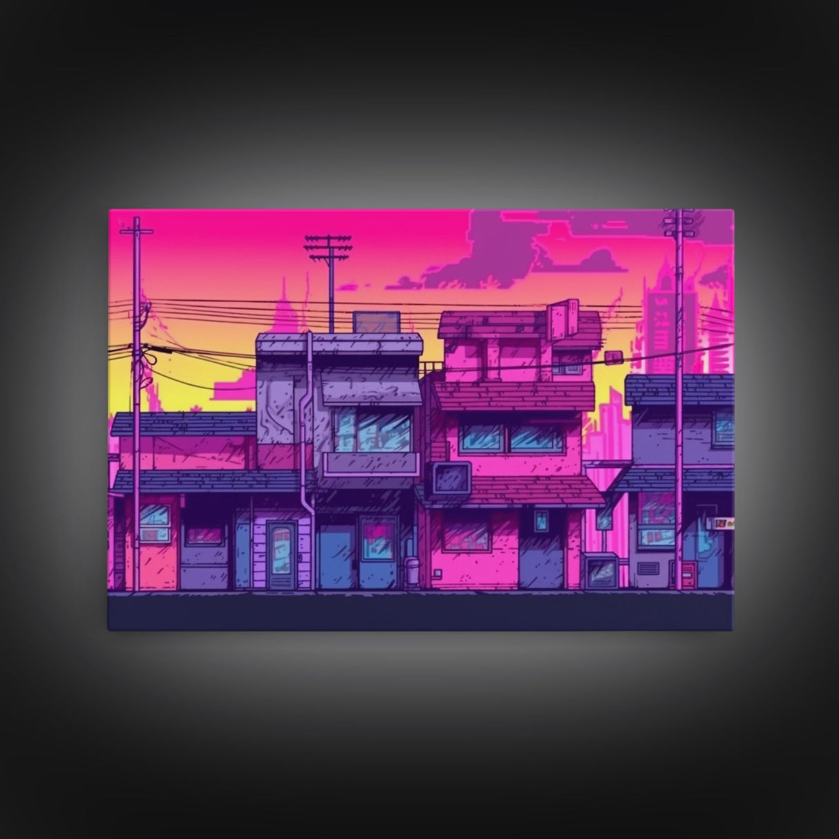 Neighborhood Wall Art - Framed Canvas Print - Original painting - Pop Art Style - Colorful painting - Synthwave Style - Pink colors