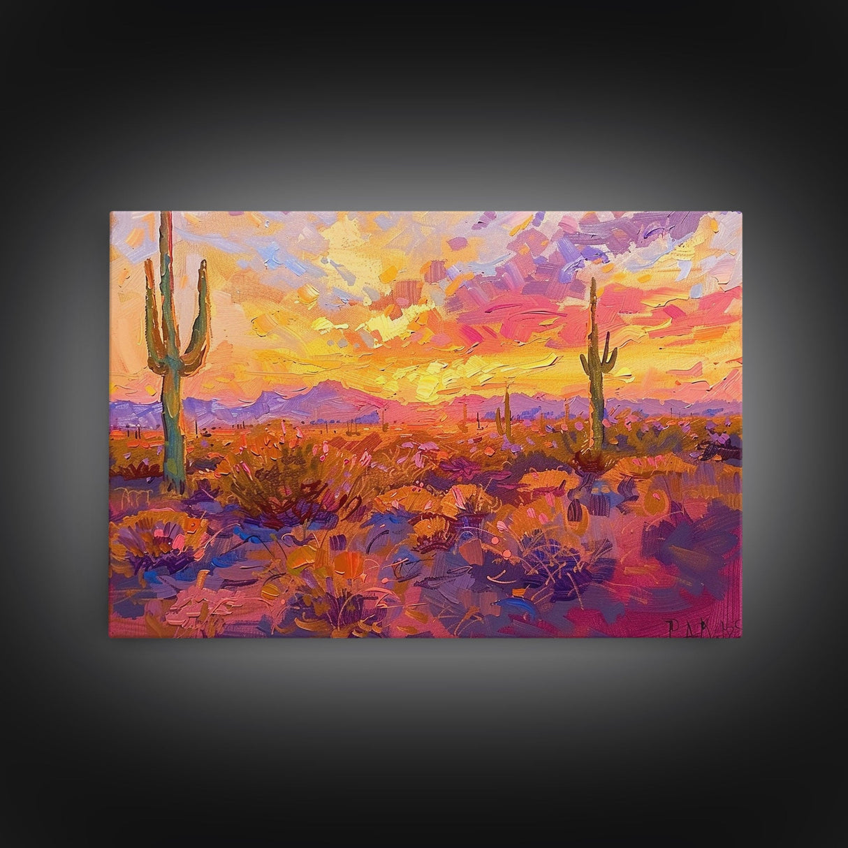 Desert Cactus Sunset Painting Framed Canvas Print, Western Decor, Southwest Wall Art, Arizona Painting, Landscape Painting, Farmhouse Decor
