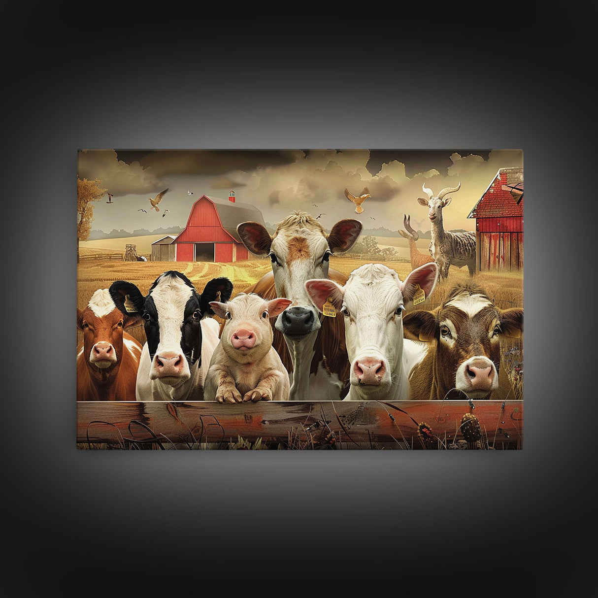 Farm Animals On The Fence, Framed Canvas Print, Cute Animal Decor, Bathroom Wall Art, Illustration, Home Decor