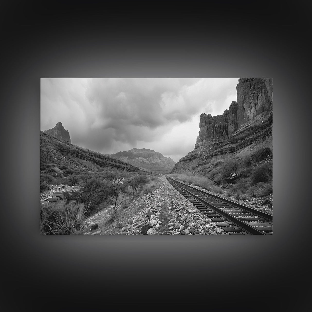 The Train Tracks, Framed Canvas Print, Black and White Western Photography, Wild West Art, Metal Art, Metal Print, Rustic Country Wall Art