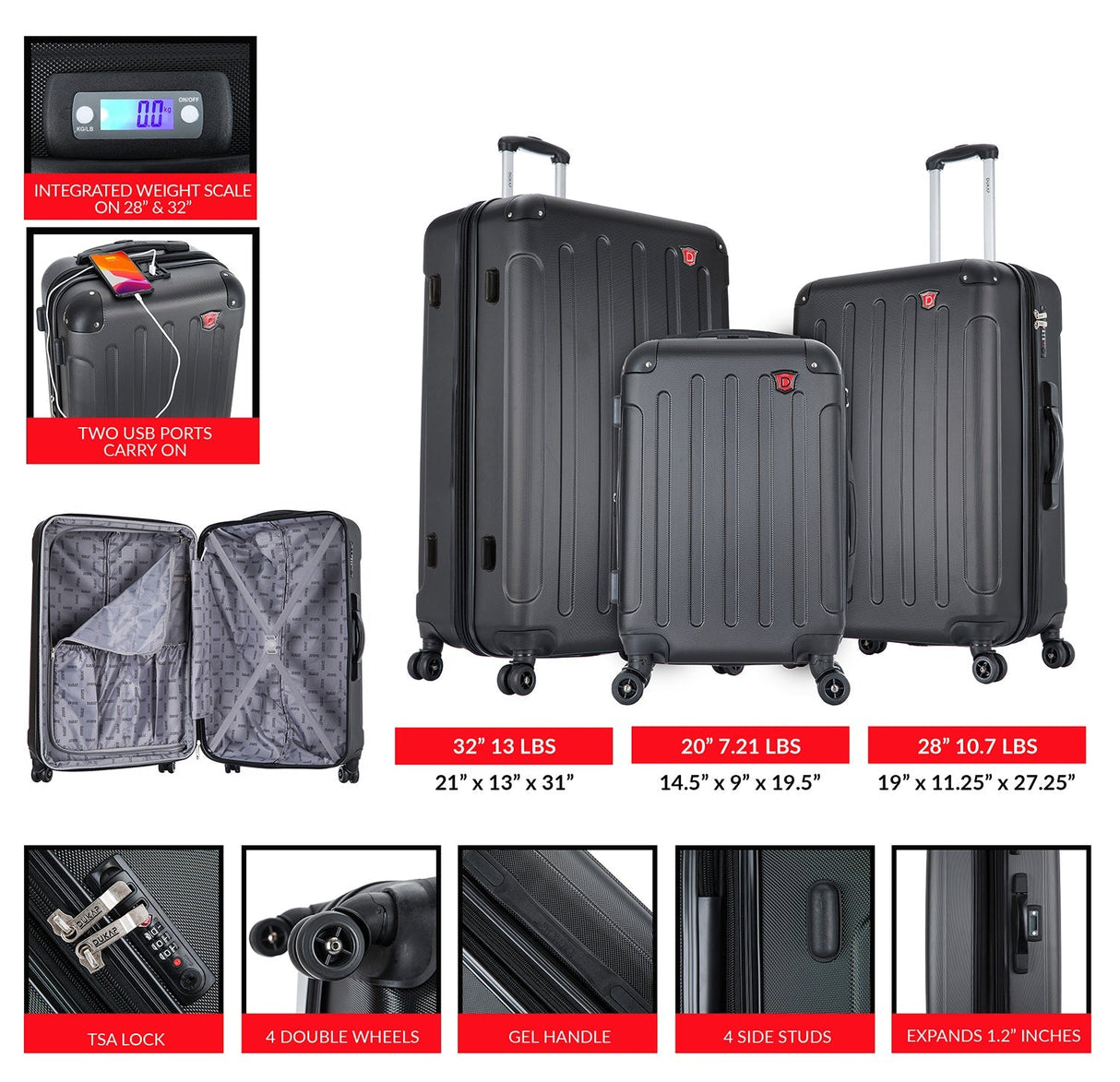 INTELY 3 Piece Set 20''/28''/32'' with Built-in Digital Weight Scale