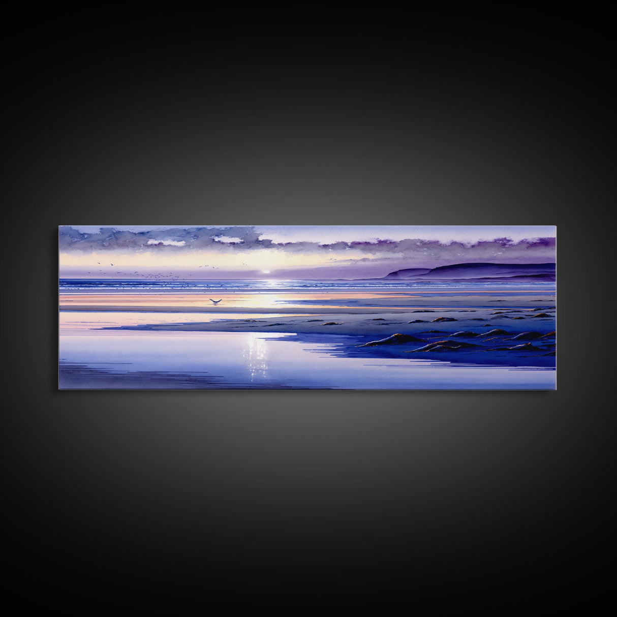 Panoramic Framed Watercolor Beach Landscape Canvas Print - Colorful Clouds & Waves | Seascapes Wall Art | Sunset Over The Ocean