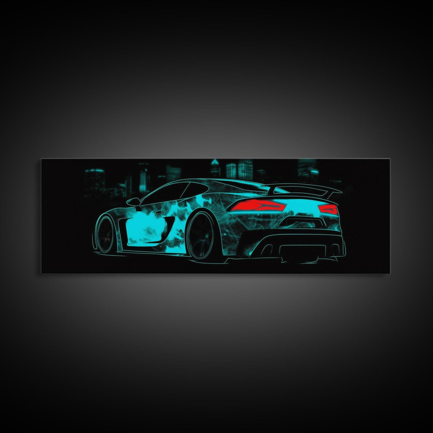 Teal Sports Car,  Abstract Urban Art, Cityscape Art, Dark Night Large Urban Art, City Skyline Wall Art, Panoramic, Wall Art, Canvas Print