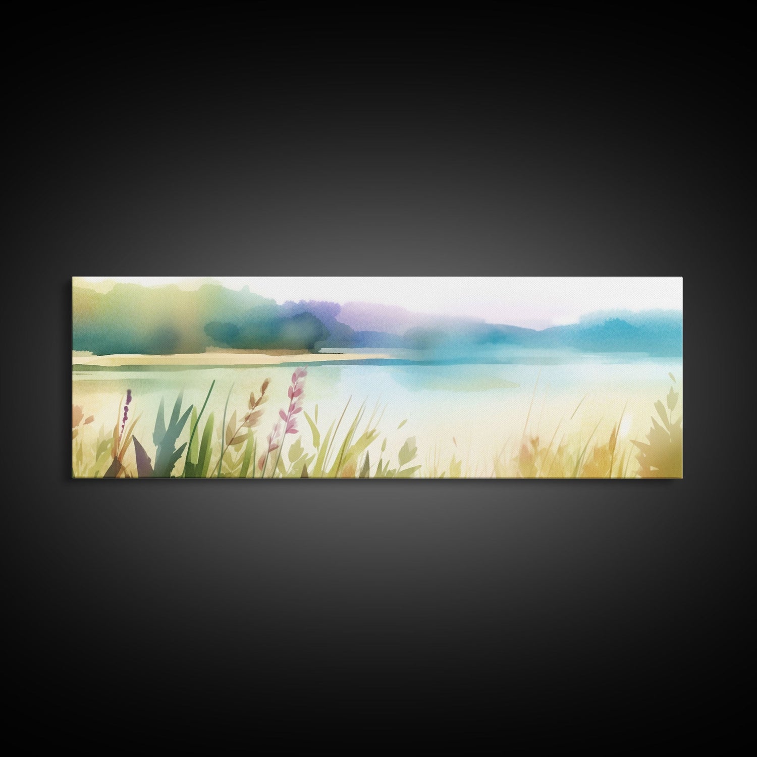 Abstract Nature Wall Art Print, Wildflowers, Lake, River,  Watercolor Art, Large Canvas Art Print, Panoramic, Wall Art, Canvas Print