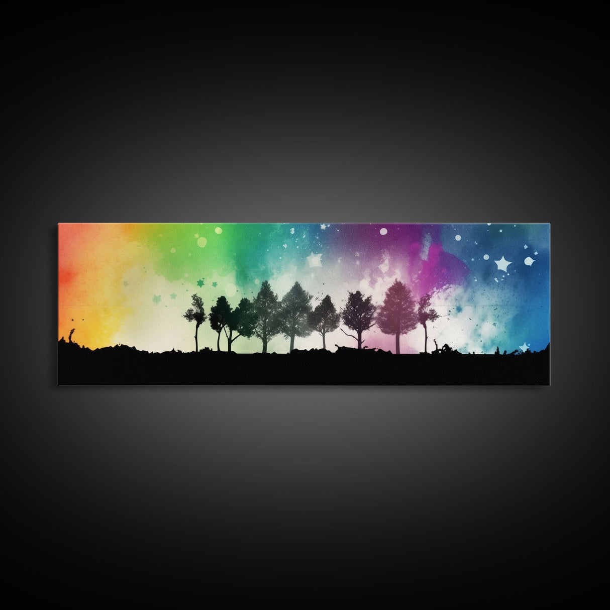 Large Abstract Art Print, Colorful Watercolor Sky, Silhouette Trees, Tie Die Sky, Framed Canvas Print, Panoramic, Wall Art, Canvas Print