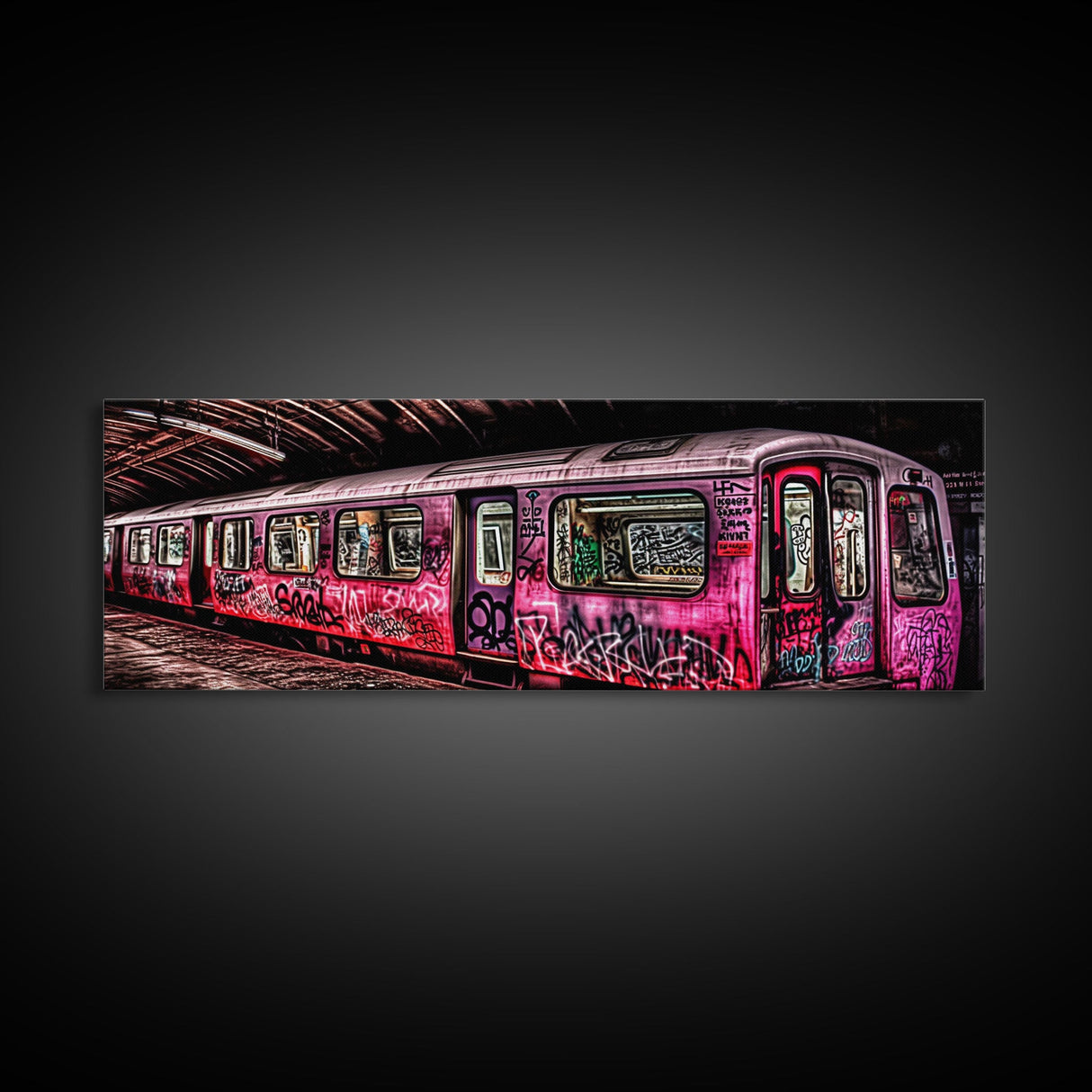 Pink Subway Train Canvas Art Print, Abandoned Train, Graffiti Art, Wall Decor, Large Framed Canvas Print, Panoramic, Wall Art, Canvas Print