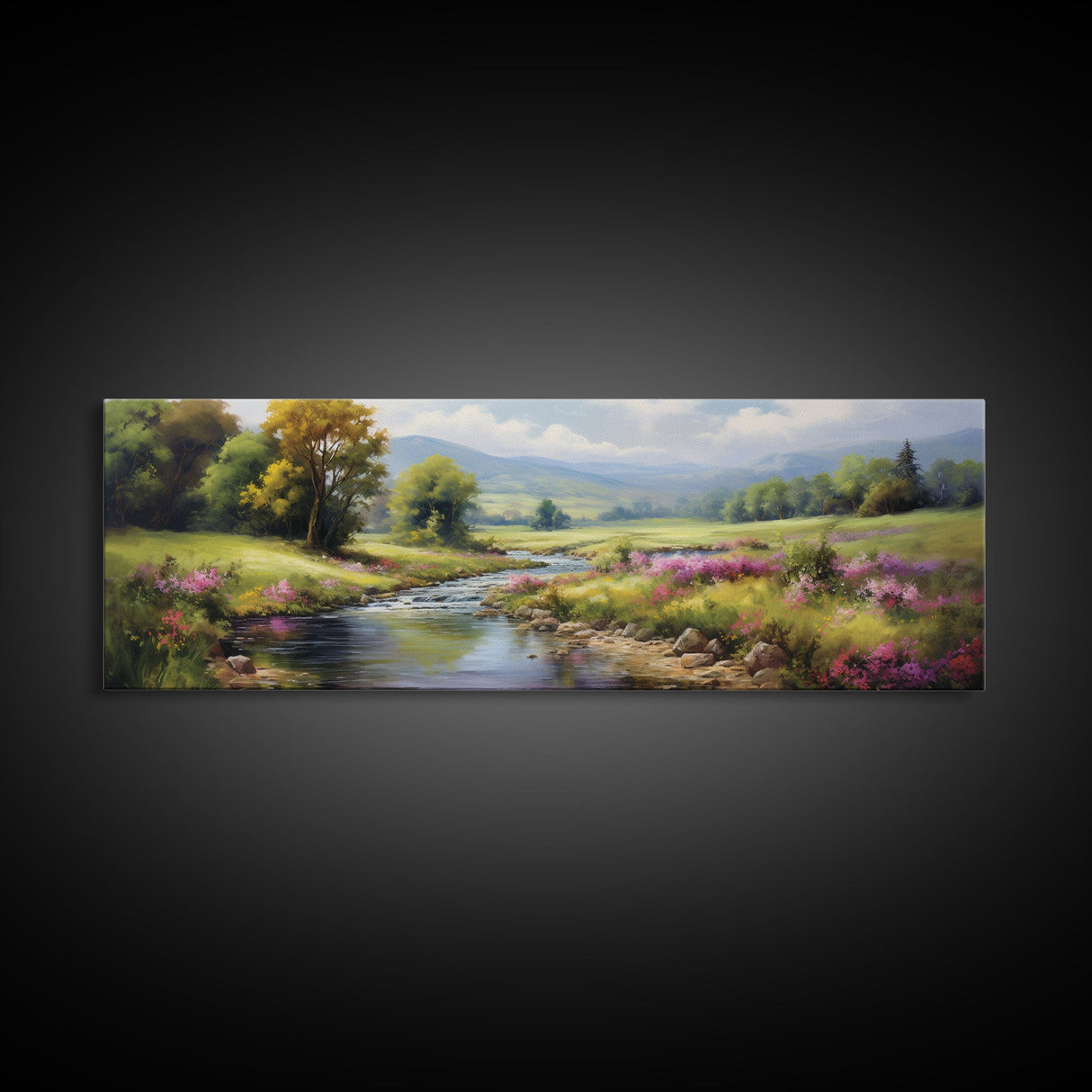 The Meadow, Framed Canvas Print, Framed Wall Art, Large Watercolor Painting, Panoramic Landscape Art Print, Modern Landscape Original Art
