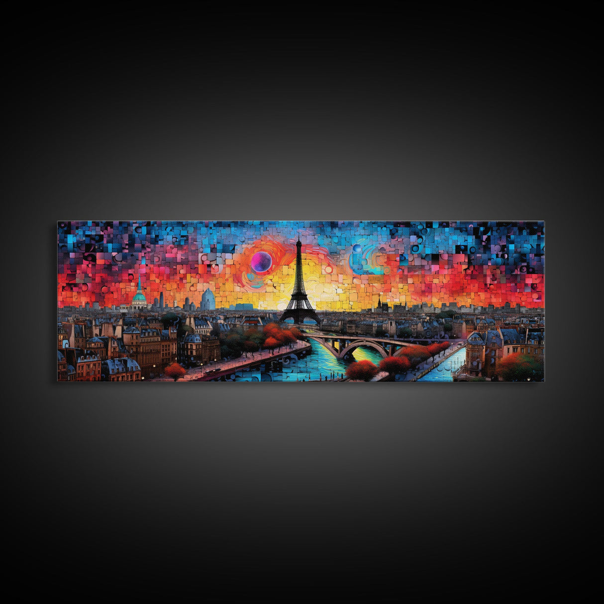Jigsaw Abstract Paris France Panoramic Framed Canvas Print, Van Gogh Inspired Original Painting, Colorful Wall Art