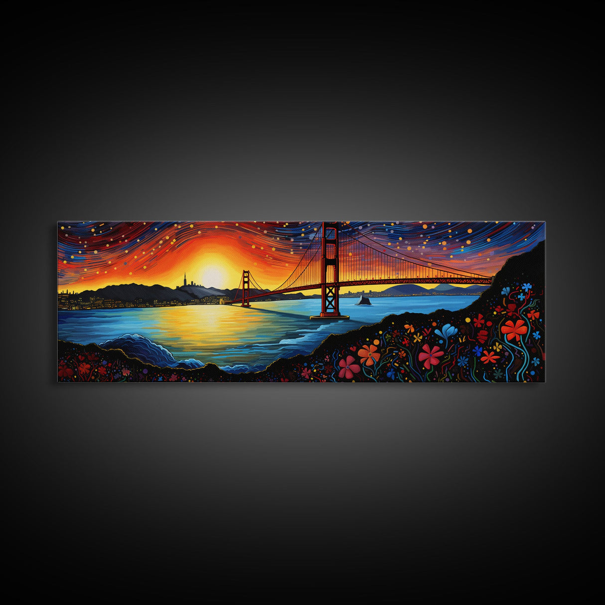 Golden Gate Bridge San Francisco Abstract Panoramic Framed Canvas Print, Van Gogh Inspired Original Painting, Colorful California Wall Art