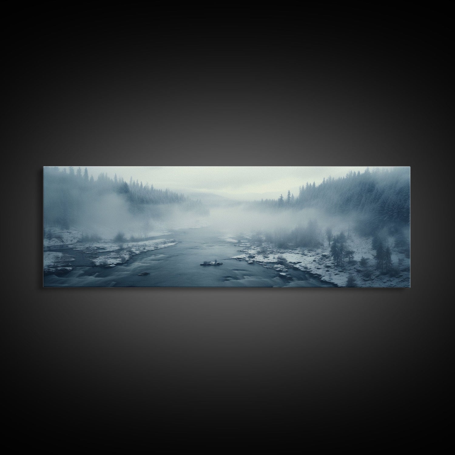 Panoramic Winter Scene Canvas Print, Winter Stream Drone Shot Bird's Eye View, Rustic Winter Centerpiece Wall Art, Panoramic Art