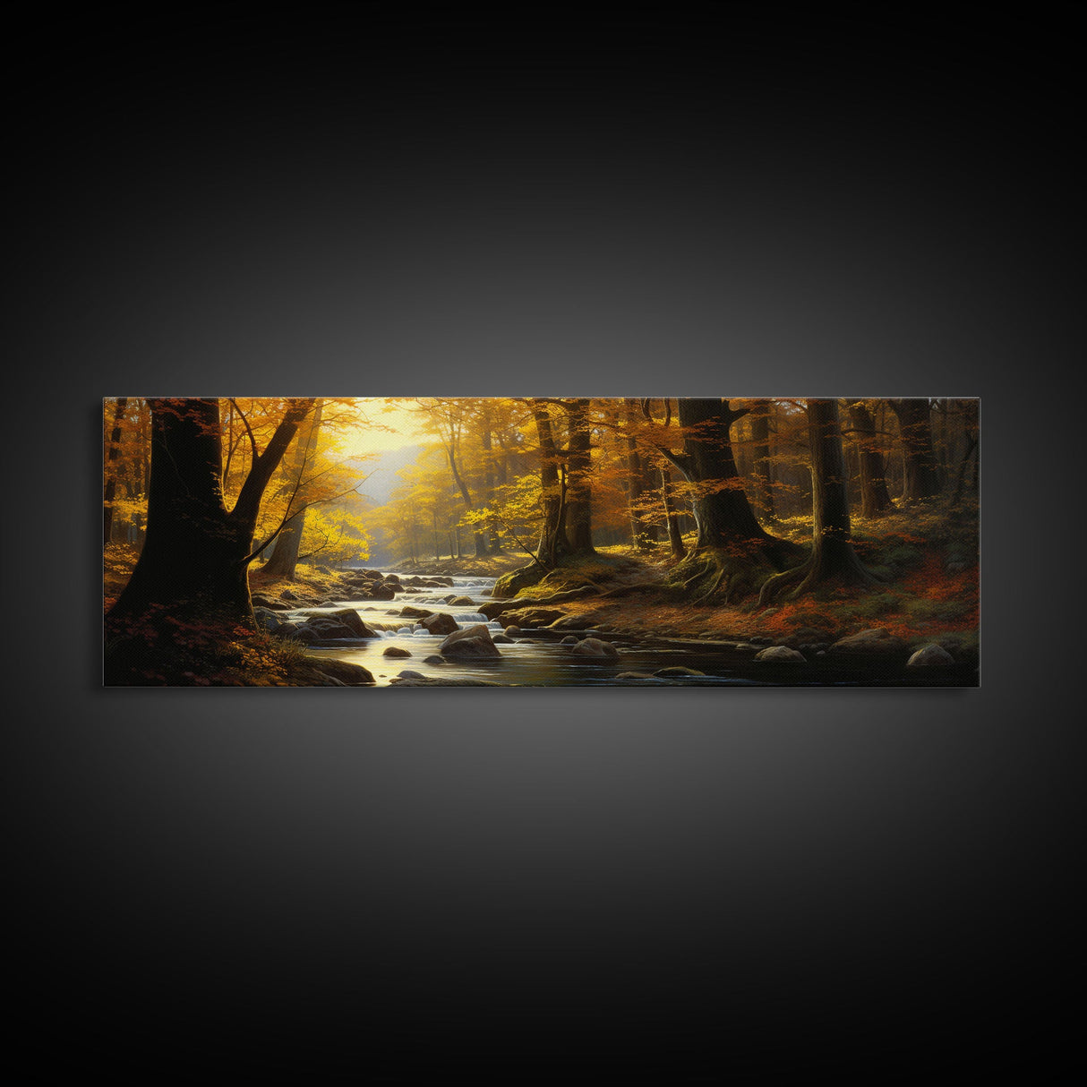 The Forest In The Autumn, Fall Centerpiece, Panoramic Painting Framed Canvas Print, Fall Decor, Orange Leaves Falling In The Forest