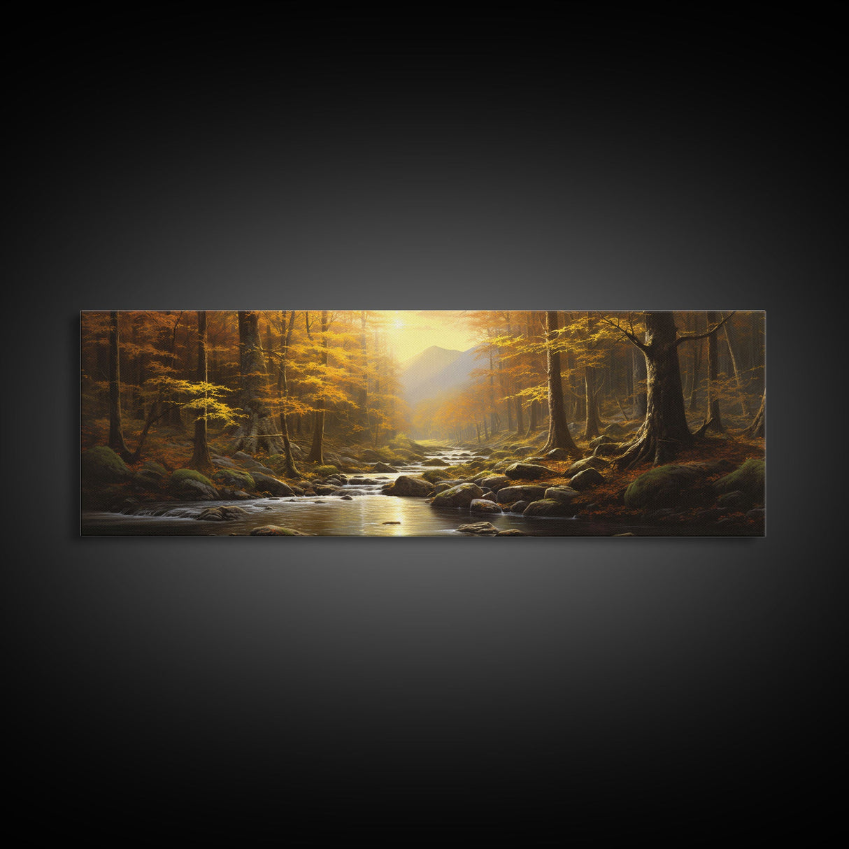 The Forest In The Fall, Fall Centerpiece, Panoramic Painting Framed Canvas Print, Fall Decor, Orange Leaves Falling In The Forest