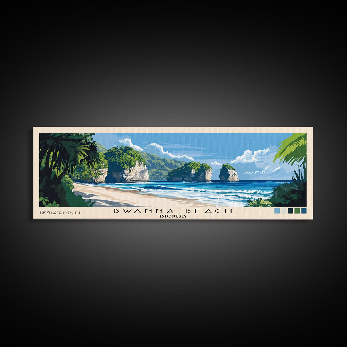 Bwanna Beach, Indonesia Panoramic Beach Print, Vacation Gift, Indonesia Wall Art, Framed Canvas Print, Framed Beach Painting