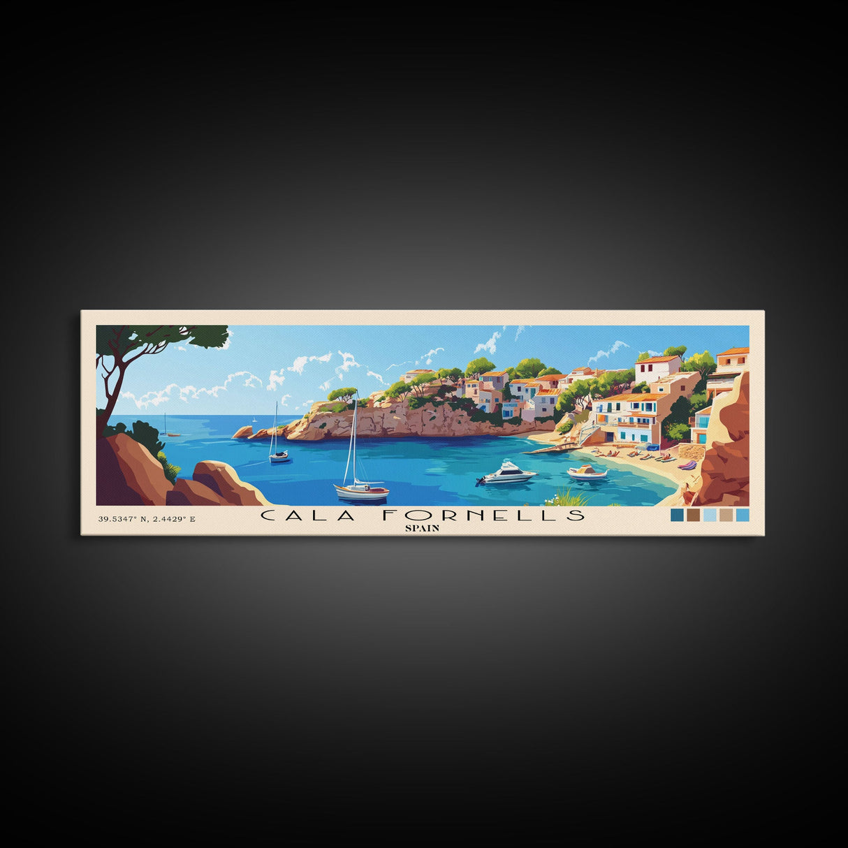 Cala Fornells, Spain Panoramic Beach Print, Vacation Gift, Spain Wall Art, Framed Canvas Print, Framed Beach Painting