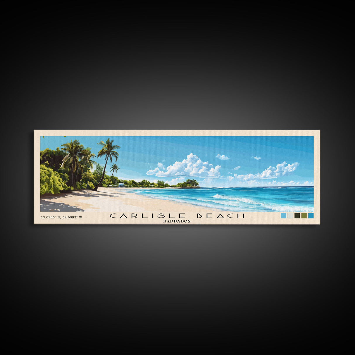 Carlisle Beach, Barbados Panoramic Beach Print, Vacation Gift, Barbados Wall Art, Framed Canvas Print, Framed Beach Painting