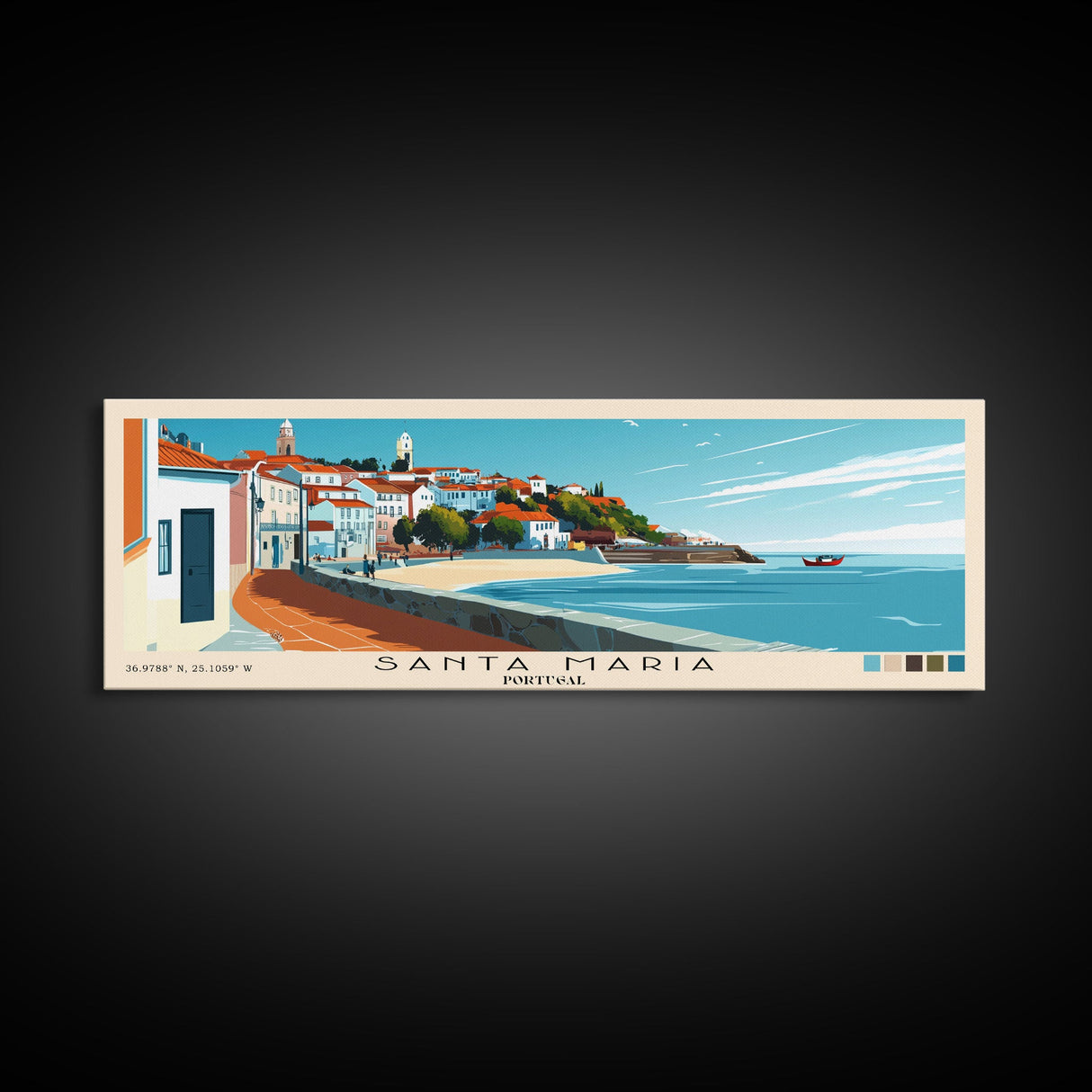 Santa Maria, Portugal Panoramic Beach Print, Vacation Gift, Portugal Wall Art, Beach Painting, Beach Decor, Beach Painting