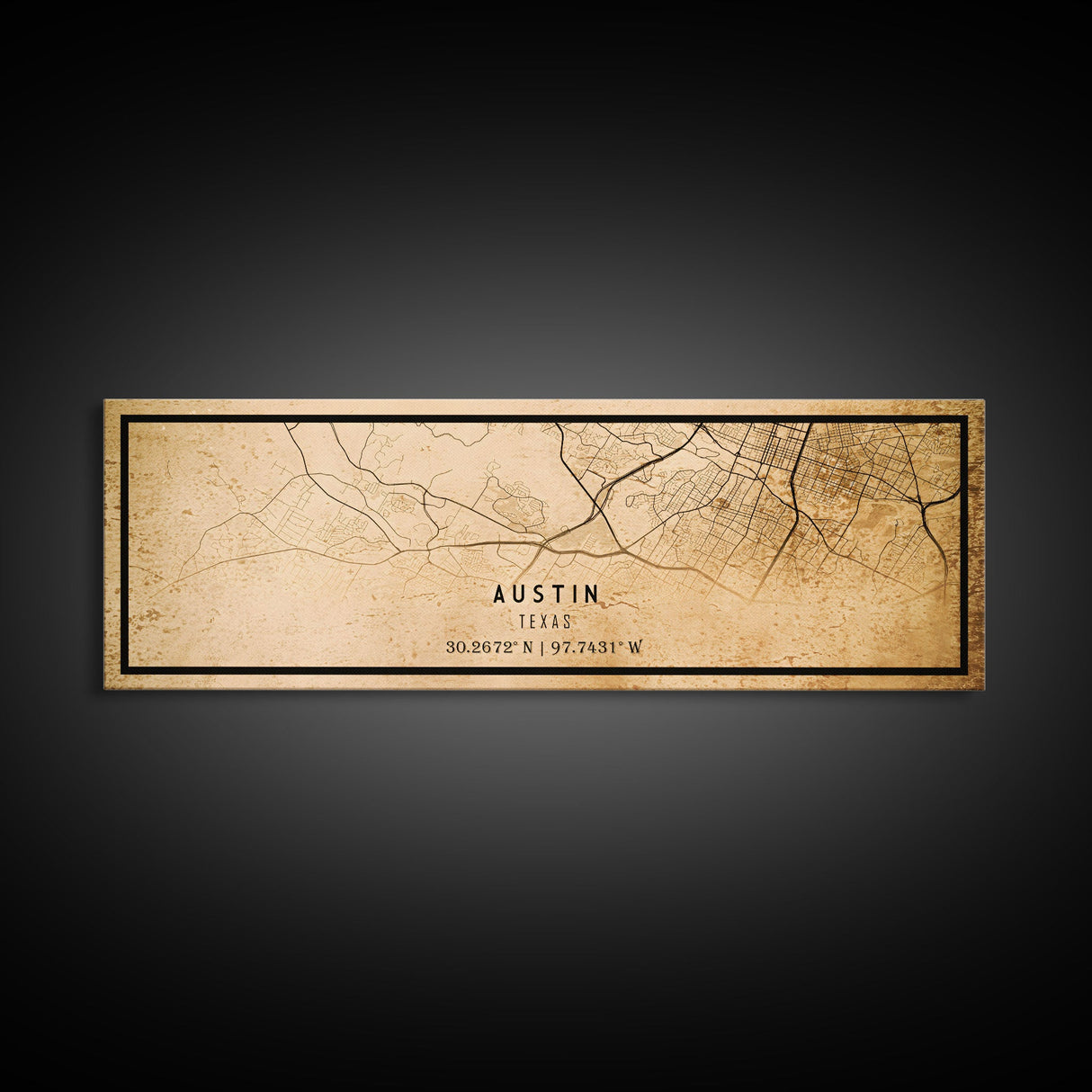 Panoramic Austin Map Print Canvas or Poster, Texas Map Art, Texas Map Print, Vintage Texas Map Framed Art, Retro / Distressed Office Art