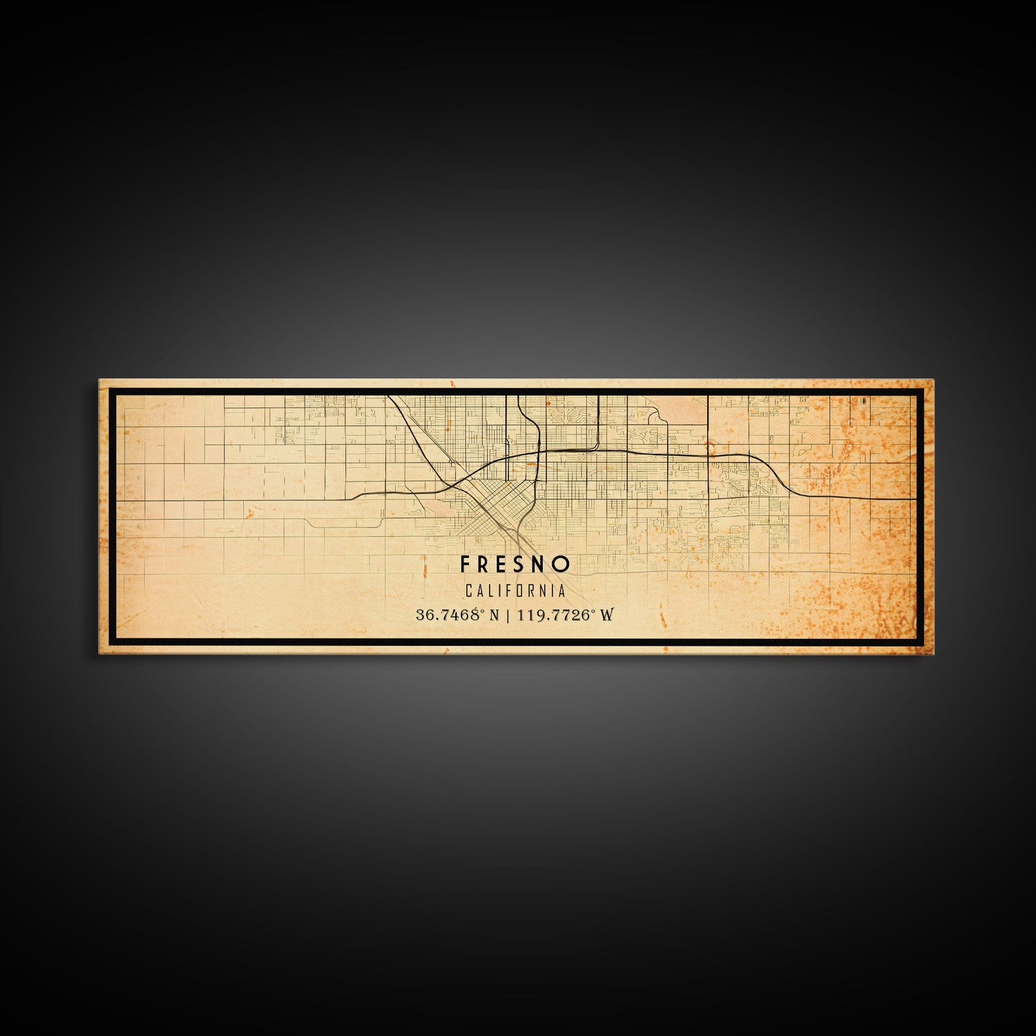 Panoramic Distressed Fresno California Map, Framed Canvas Print Or Poster, California Map Print, City Wall Art Map Print, Rustic Map Art