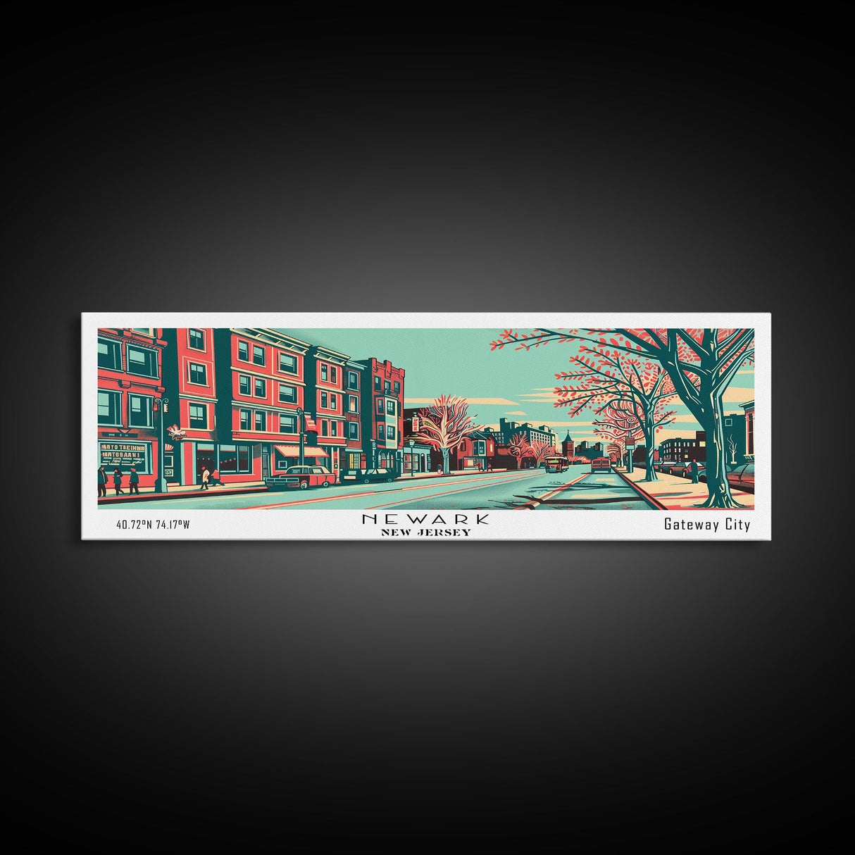 Newark New Jersey Panoramic Painting Framed Canvas Print, Travel Poster, Mid Century Modern Art, Pop Art Style, Wall Decor, Living Room Art