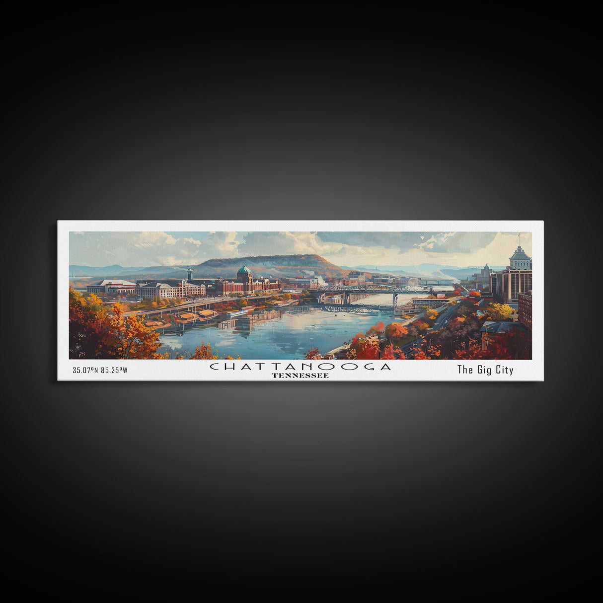 Chattanooga Tennessee Panoramic Watercolor Painting Framed Canvas Print, Travel Poster Art, Scenic Landscape, Living Room Decor, Wall Hanging, Office Art, Tennessee-Themed Gift